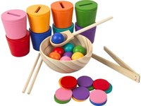 Montessori dřevěné duhové kalíšky s kuličkami a mincemi (8 barev)