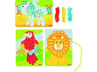 Dřevěná navlékací hra Zvířecí trio – papoušek, lev, zebra